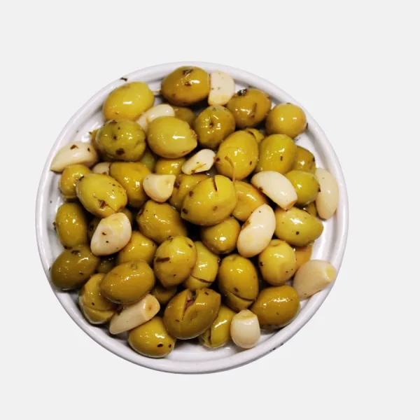 Olives vertes cassées à l’ail - Bled Conserves Taourirt Maroc