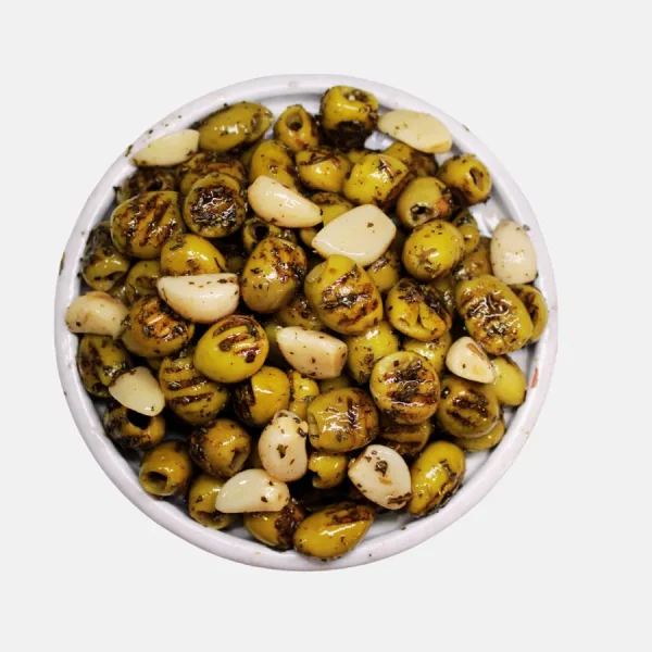 Olives vertes dénoyautées grillées à l’ail - Bled Conserves Taourirt Maroc