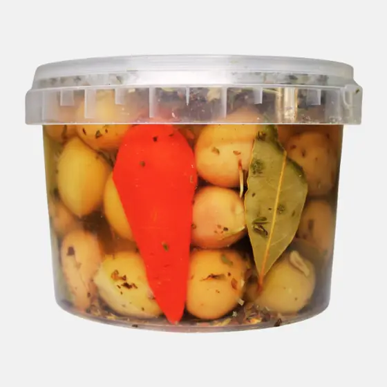 Olives vertes au piment rouge et laurier - Pot 550 g