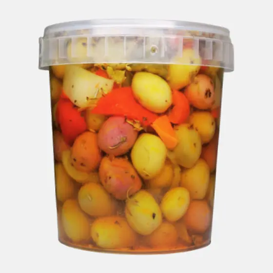 Olives vertes aux poivrons rouges et carottes - Pot 900 g