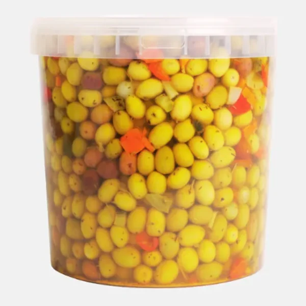 Seau plastique 10 L : Olives vertes aux poivrons et carottes, Bled Conserves