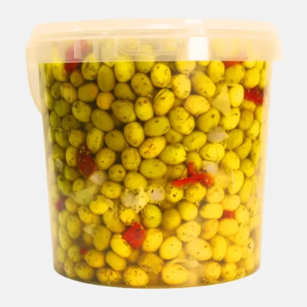 Seau plastique 10 L : Olives vertes à l’ail et au piment, Bled Conserves