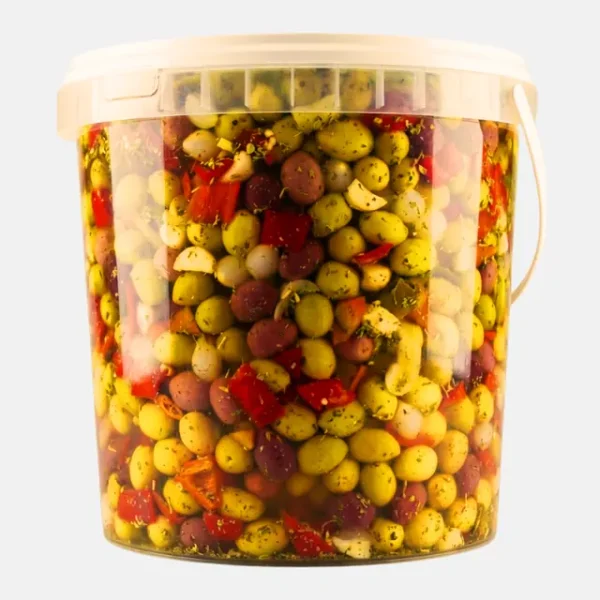 Seau plastique 10 L : Mélange d’olives aux herbes et poivrons, Bled Conserves