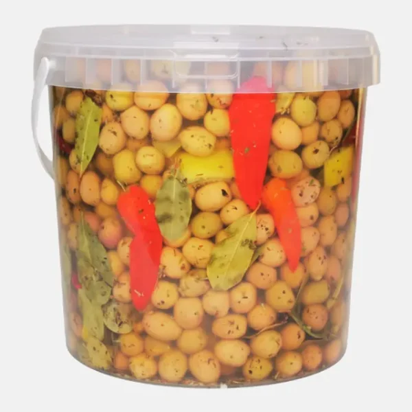 Seau plastique 10 L : Olives vertes aux piments rouges et laurier, Bled Conserves
