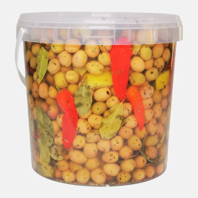 Olives vertes aux piments rouges et laurier - Seau 10 L
