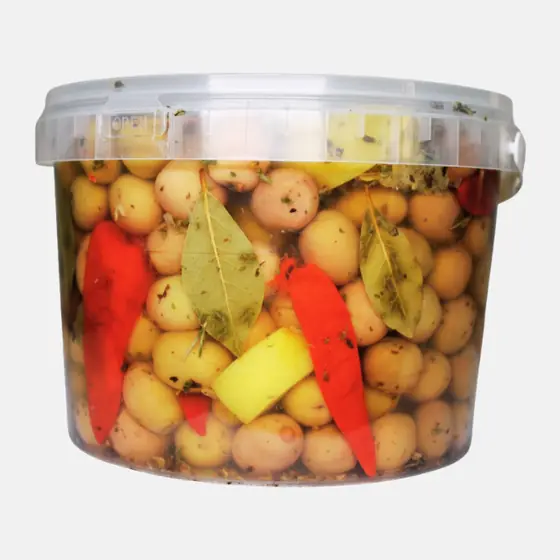 Olives vertes au piment rouge et laurier - Seau 2,5 kg