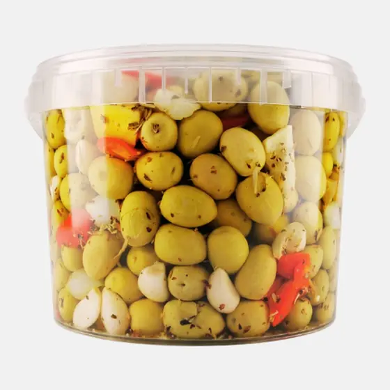 Olives vertes à l’ail et aux poivrons - Seau 2,5 kg